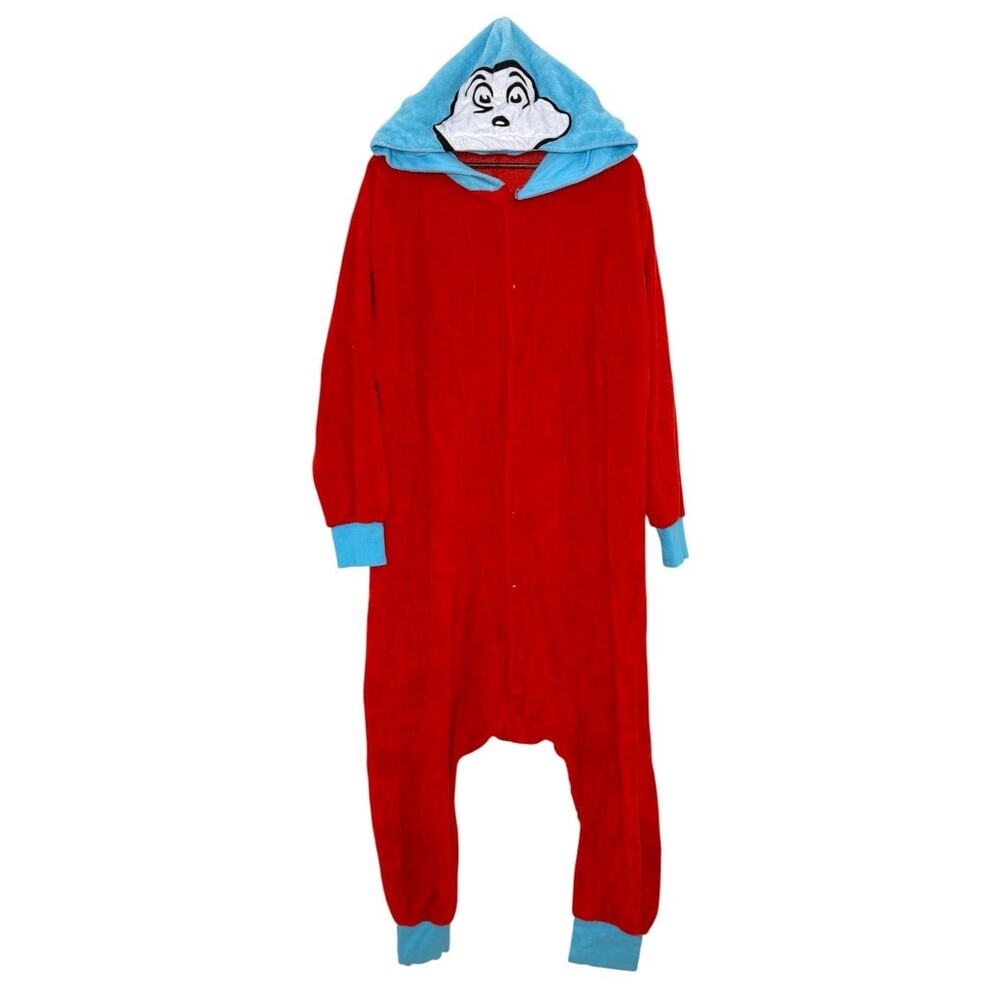 Dr Seuss Thing 1 Thing 2 Pajamas Adult One Size Red Hooded Fleece Union Suit